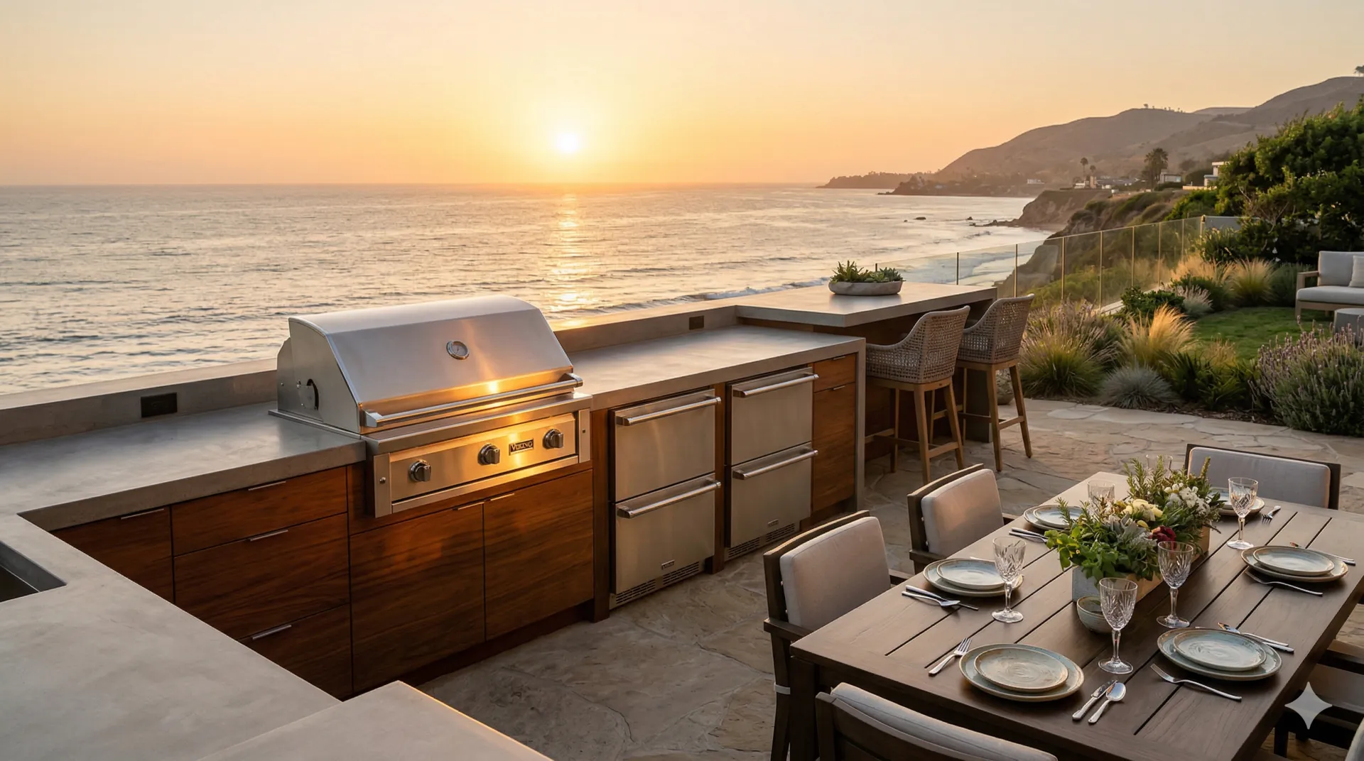 Luxury outdoor kitchen in Los Angeles with a built-in Viking grill overlooking the ocean