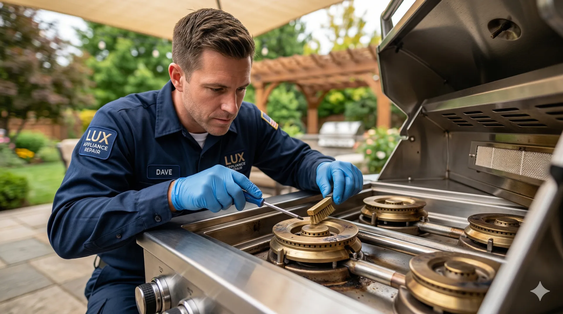 Professional technician performing maintenance on a luxury outdoor Viking grill burner