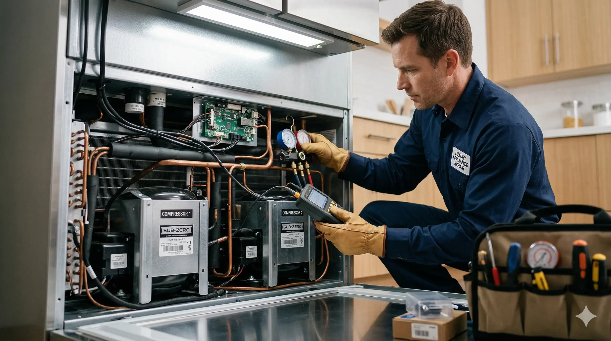 Professional technician performing maintenance on a luxury refrigerator compressor system
